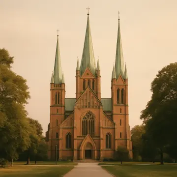 Jigsaw puzzle: A grand brick church with three tall green spires stands between lush green trees.