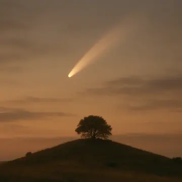 Jigsaw puzzle: A bright comet with a long tail illuminates an orange sky above a solitary hill tree.