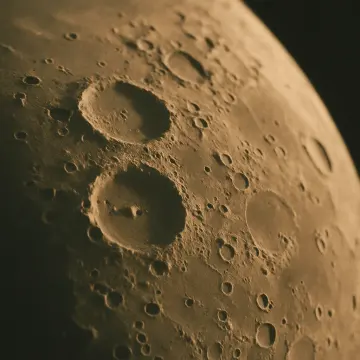 Jigsaw puzzle: A close-up view of the Moon's heavily cratered surface bathed in warm, sepia-toned light.