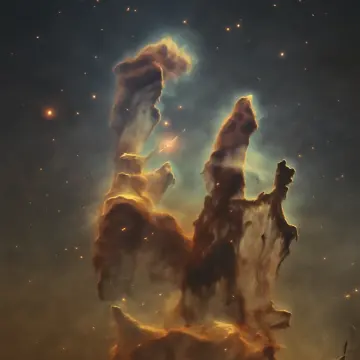 Jigsaw puzzle: Tall, dark, and glowing cosmic pillars of gas and dust against a starry background.