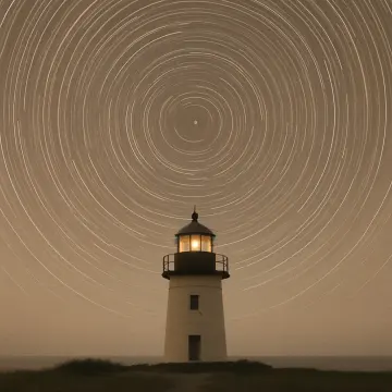 Jigsaw puzzle: A lighthouse stands under a night sky filled with concentric star trails.