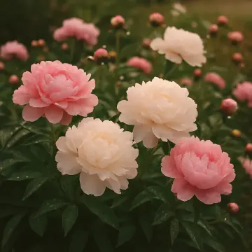 Jigsaw puzzle: A beautiful close-up of pink and white peonies blooming in a lush green garden.