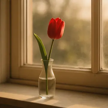 Jigsaw puzzle: A vibrant red tulip and green leaf in a clear vase on a sunlit windowsill.