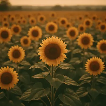 Jigsaw puzzle: Vibrant yellow sunflowers bloom in a vast field under a warm, hazy sky.