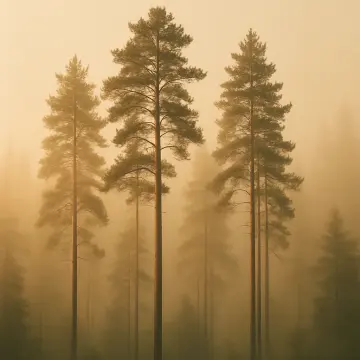 Jigsaw puzzle: Several tall pine trees stand majestically in a dense, golden-hued fog.
