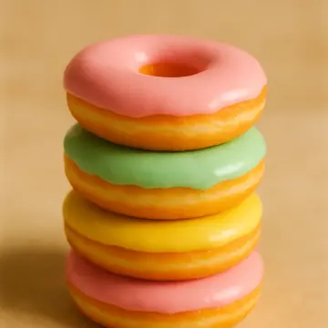 Jigsaw puzzle: A vertical stack of four vibrant, glazed donuts with pink, green, and yellow icing.