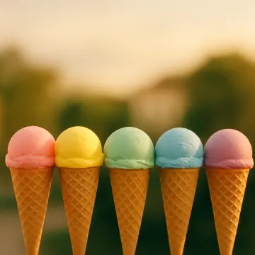 Jigsaw puzzle: Five colorful ice cream cones stand in a row with a blurred green and yellow background.