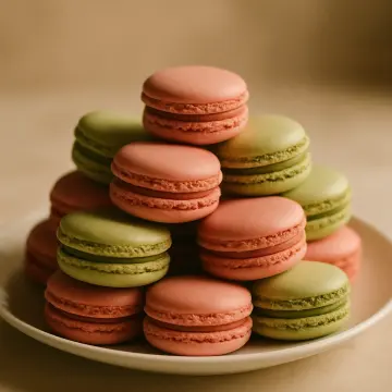 Jigsaw puzzle: A close-up of a generous stack of pink and green macarons on a white plate.