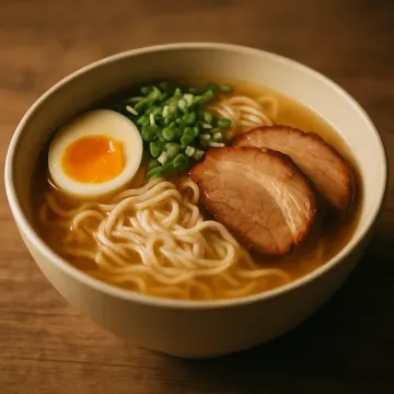 Jigsaw puzzle: A bowl of ramen with noodles, sliced pork, a soft-boiled egg, and green onions.