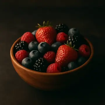 Jigsaw puzzle: A wooden bowl brimming with fresh strawberries, blueberries, raspberries, and blackberries.