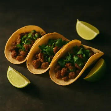 Jigsaw puzzle: Three delicious tacos filled with meat and cilantro, served alongside fresh lime wedges.