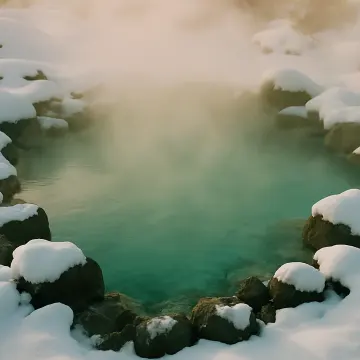 Jigsaw puzzle: A steaming turquoise hot spring is surrounded by snow-covered rocks and ground.