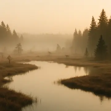 Jigsaw puzzle: A winding river flows through a misty, golden-hued forest at dawn.