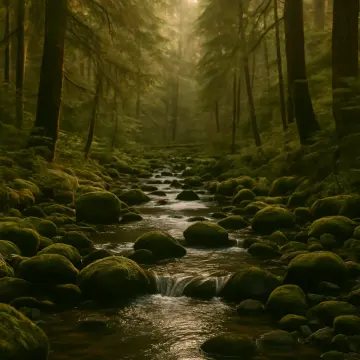 Jigsaw puzzle: A narrow stream flows over many moss-covered rocks in a misty, dark green forest.