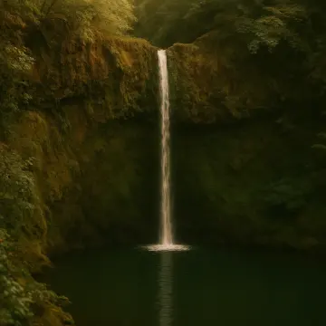 Jigsaw puzzle: A tall, narrow waterfall plunges into a dark green pool surrounded by lush, mossy cliffs.