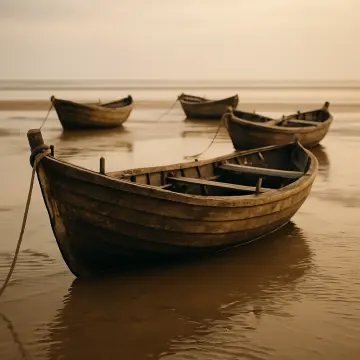 Jigsaw puzzle: Several rustic wooden boats rest on a reflective sandy beach under a soft, muted sky.
