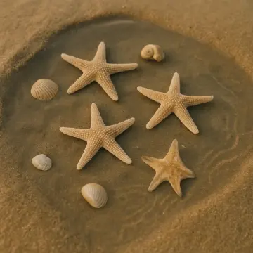 Jigsaw puzzle: Four starfish and several small seashells rest in a shallow pool on wet sand.