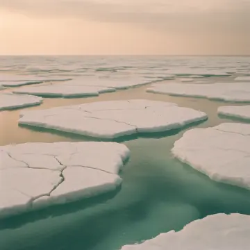 Jigsaw puzzle: Numerous white ice floes float on tranquil teal water under a pale orange sky.