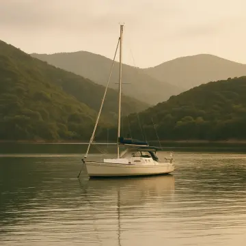 Jigsaw puzzle: A white sailboat with a blue cover rests on calm water before hazy green mountains.