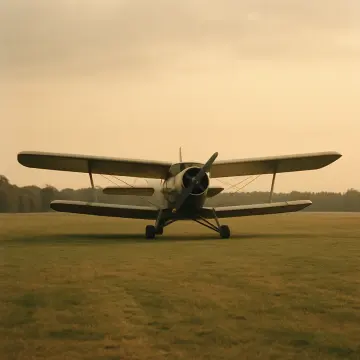 Jigsaw puzzle: A vintage biplane with a propeller stands on a green grassy airfield under a hazy sky.