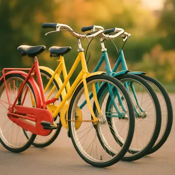 Jigsaw puzzle: Three bicycles in red, yellow, and blue are parked side-by-side on a paved path.
