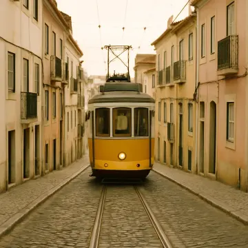 Jigsaw puzzle: A classic yellow tram ascends a narrow, cobbled street in a historic European city.