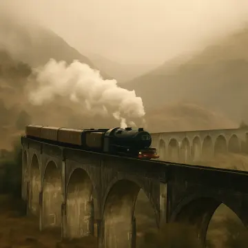 Jigsaw puzzle: A steam train crosses a stone viaduct in a misty, mountainous landscape.