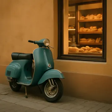 Jigsaw puzzle: A vintage teal scooter is parked on a sidewalk next to a window displaying bread.