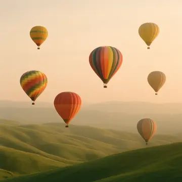 Jigsaw puzzle: Seven colorful hot air balloons float above rolling green hills under a golden sky.