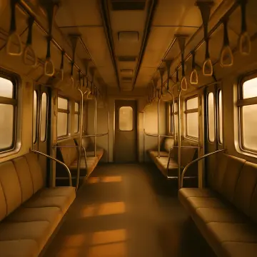 Jigsaw puzzle: An empty subway car interior bathed in warm, golden light from the windows.